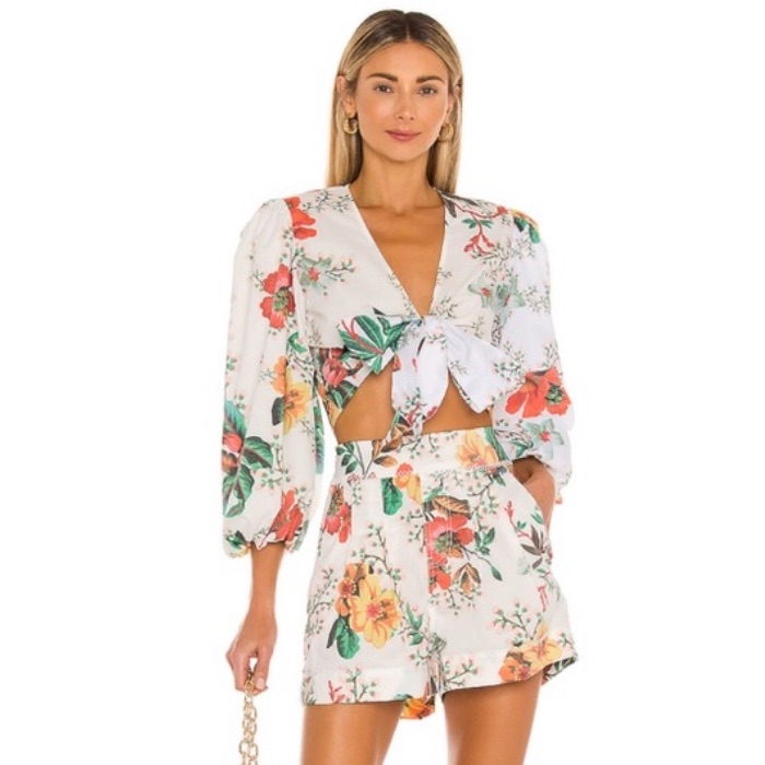 Agua Bendita Floral Crop Top - Cream With Coral & Yellow
